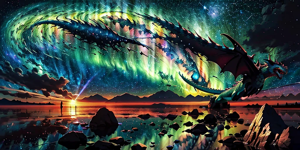  scene of a beautiful sky with a star and a planet, cosmic skies. by makoto shinkai, wallpaper 4k, anime art wallpaper 4 k, anime art wallpaper 8 k, anime wallpaper 4k, anime wallpaper 4 k, 4k anime wallpaper, anime sky, amazing wallpaper, anime background, heaven planet in background, anime background art, Galactic pillars of creation, realistic, realism, giant dragon flying through the galaxy 