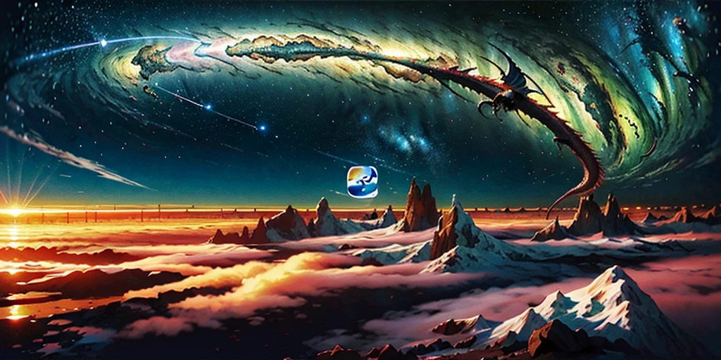 scene of a beautiful sky with a star and a planet, cosmic skies. by makoto shinkai, wallpaper 4k, anime art wallpaper 4 k, anime art wallpaper 8 k, anime wallpaper 4k, anime wallpaper 4 k, 4k anime wallpaper, anime sky, amazing wallpaper, anime background, heaven planet in background, anime background art, Galactic pillars of creation, realistic, realism, giant dragon flying through the galaxy