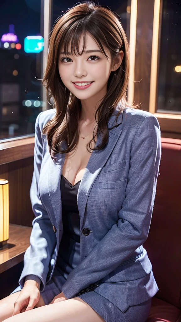 A scene of a woman wearing a low-cut suit sitting in a chair and flashing her best smile in a love hotel at night in a city lit up by neon lights.