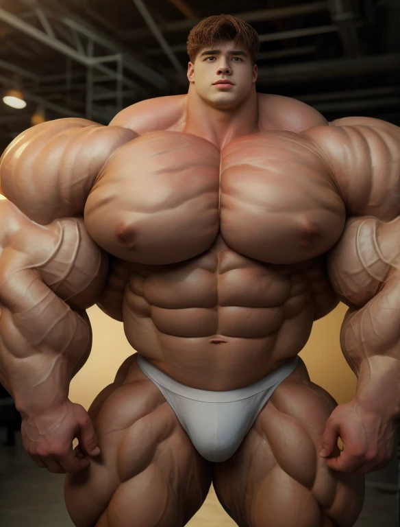 1boy, giant, alone, giant bodybuilder, illuminating light, strong body, bulk, large size, standing in whiet photo studio, indoor, nude, white triangular underwear, thick bulge, scratch his bulge, extraordinary big, brutalmass, giant muscular body, bulk, buff, massive body, large meaty body size, extremely wide body