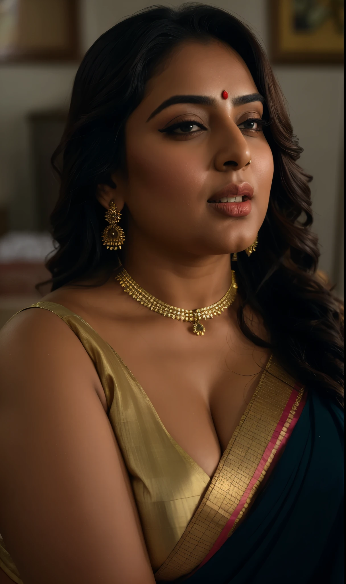 Foto RAW, photorealistic, photography, full body shot, master shot, perfect eyes, goddess like beauty, pierced eyes, perfect thick chubby mallu Desi aunty bhabhi, Wearing a Stanapatta, a chest-band.Saree model, model Photography, Indian saree shoot, Indian traditional wear advertising photography, traditional wear brand shoot, face of Indian actress Sonakshi Sinha, masterpiece, realistic, realism, incredible details, pleasure, photorealism, detailed skin, skin pores, high contrast, photorealistic Artstation 8k HD digital art trend of high definition and detailed realistic skin texture, ultra detail, realistic skin texture, armature, best quality, ultra high definition, (photorealistic:1.4),, high resolution, detail, raw photo, sweat, Re sharp, by Lee Jefferies Nikon D850 Film Stock Photo 4 Kodak Portra 400 Camera F1.6 Lens Rich Color Ultra Real Realistic Realistic Textures Dramatic Lighting Unreal Engine Trending at Art Station Cinestill 800,(pele altamente detalhada: 1.2), 8k UHD, DSLR, soft-lighting, alta qualidade, grain of film, Fujifilm XT3,she didn't like to wear blouse or bra, she is happy to wear only saree, she hates blouse or bra, detailed hairy armpits, hyper realistic skin, skin pores, sweat, veins,
