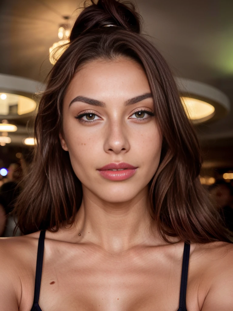 a 22 year old woman, an elegant appearance. My brown hair is open, highlights my green eyes. My full, red lips are shaped into a smile. My snub nose is covered with freckles, which contrast with my tanned skin. My eyebrows are thick and dark, gives me a seductive look. My cheekbones are high and defined, and my eyelashes are long and curved. shows my curves. The 22-year-old Italian model dances in a nightclub and her makeup is light and natural. 