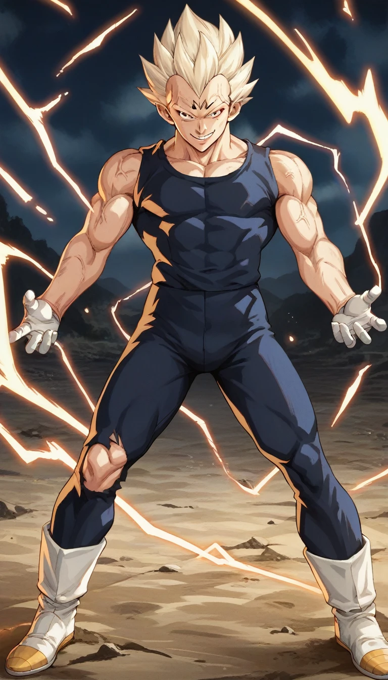 score_9, source_anime, score_8_up, score_7_up, detailed background, 1boy, solo, full body, perfect face, perfect anatomy, sky, lightning, dynamic pose, dynamic composition, action scene, action pose, evil smile, golden aura