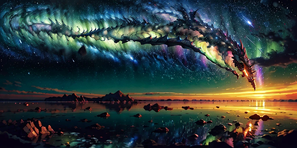 scene of a beautiful sky with a star and a planet, cosmic skies. by makoto shinkai, wallpaper 4k, anime art wallpaper 4 k, anime art wallpaper 8 k, anime wallpaper 4k, anime wallpaper 4 k, 4k anime wallpaper, anime sky, amazing wallpaper, anime background, heaven planet in background, anime background art, Galactic pillars of creation, realistic, realism, giant dragon flying through the galaxy