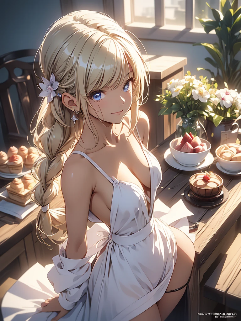 (from above:1.2),18 year old beautiful girl,Purplish blue eyes that dreamers ,(Blonde hair) , small stature, small tits,L(masuece:1.2, Best Quality),(finely detailed beautiful eye: 1.2),(beautifull detailed face),(perky chest:1.1),(pointed chest:1.2),(cakes magazine cover:1.5),(Best Illumination, extremely delicate and beautiful),sexy pose,makecocktail , in a bounter,Ultra Contrast,Braid a little around the ears, White long dress, (very detailed),(Raw photo, highest quality),(realistic, Photoreal:1.3), high detail, very detailed complex 3D rendering of face, (very detailed skin:1.2), dynamic angle, fire glow effect, professional lighting, side light, cinematic light, a super high resolution, 8K , best shadow, particles of light, Fine skin texture, detailed face, intricate details, Super detailed, shine, Please reconsider, full body,, beautiful face, shiny skin, thin, nice companion, delicate body, thin legs, naked apron, ((crawl l fours:0.4)), beautiful back, butt, turn around, A picturom a little behind, bend the body, the skirt is floating in the wind, Dark purple panties, thin Pubic hair ,(witling eyes and a contagious smile), open mouth, highest quality, high resolution, Real World, Natural light, perfect Natural Light,