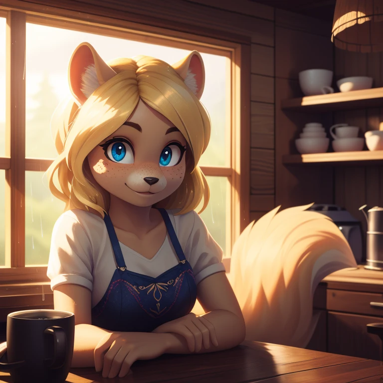 minerva, medium breast,
(detailed blonde hair:1.4), (detailed perfect eyes:1.2), white fur, (detailed fluffy fur:1.2), perfect hourglass body, mink snout, (long fluffy blonde tail:1.3), beautiful black eyes, relaxed pose, looking at viewer,
(freckles:1.2), light smile,
serving coffee,
(masterpiece:1.2), (best quality:1.2), (intricate:1.2), (highly detailed:1.2), (sharp:1.2), (8k:1.2), (highres:1.2),
cinematic summer tropical lighting, vivid colors,
kitchen, wooden cabin,
window, forest, rain,
aliceinwonderlandoutfit