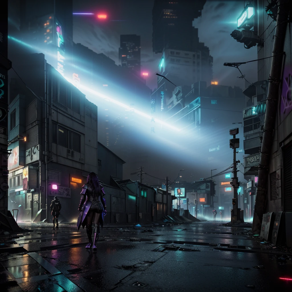 there is a dark street with a lot of graffiti, cyberpunk street at night, cyberpunk streets at night, hyper-realistic cyberpunk city, cyberpunk city street, cyberpunk street, cyberpunk city abandoned, cyberpunk dreamscape, cyberpunk night street, cyberpunk landscape, sci-fi cyberpunk city street, cyberpunk atmosphere, old cyberpunk 8k resolution, dirty cyberpunk city, cyberpunk atmosphere