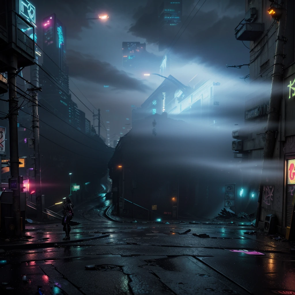 there is a dark street with a lot of graffiti, cyberpunk street at night, cyberpunk streets at night, hyper-realistic cyberpunk city, cyberpunk city street, cyberpunk street, cyberpunk city abandoned, cyberpunk dreamscape, cyberpunk night street, cyberpunk landscape, sci-fi cyberpunk city street, cyberpunk atmosphere, old cyberpunk 8k resolution, dirty cyberpunk city, cyberpunk atmosphere