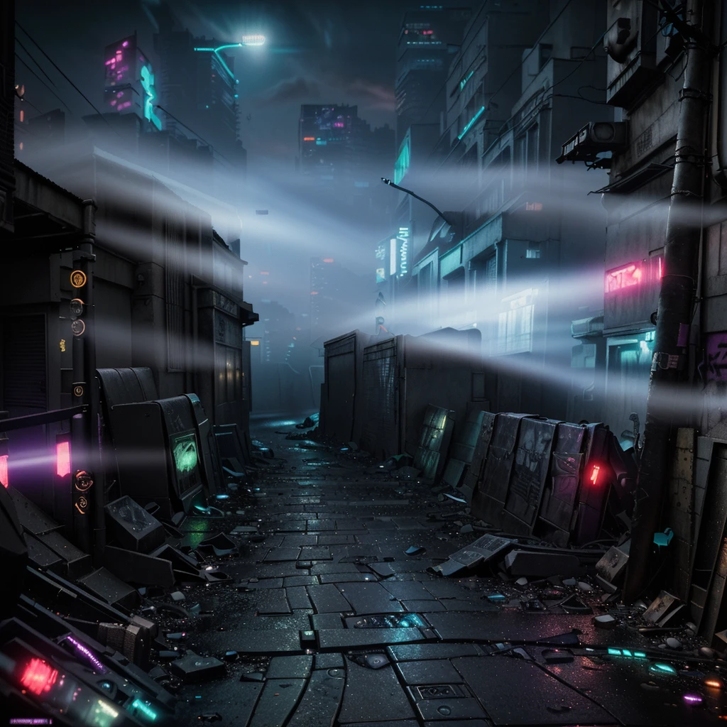 there is a dark street with a lot of graffiti, cyberpunk street at night, cyberpunk streets at night, hyper-realistic cyberpunk city, cyberpunk city street, cyberpunk street, cyberpunk city abandoned, cyberpunk dreamscape, cyberpunk night street, cyberpunk landscape, sci-fi cyberpunk city street, cyberpunk atmosphere, old cyberpunk 8k resolution, dirty cyberpunk city, cyberpunk atmosphere