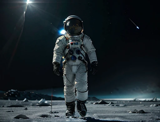 The astronaut wearing a spacesuit is walking on the ice planet and observes something impressed by an alien structure , full body photography full body image. Environment overview.