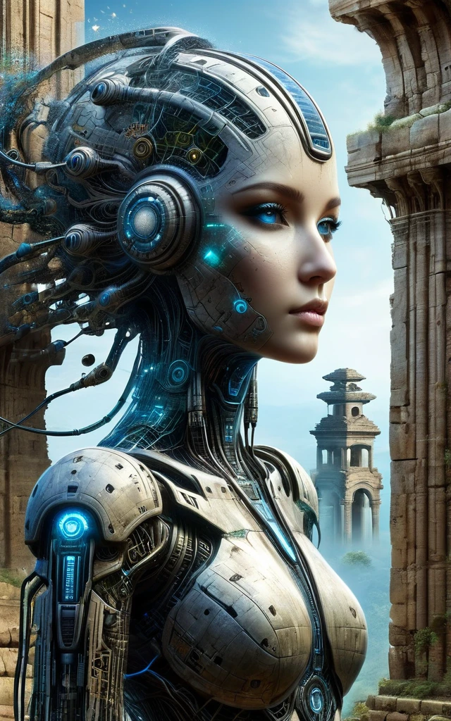 Cybernetic organisms merge with ancient ruins, bridging the gap between past and future civilizations.