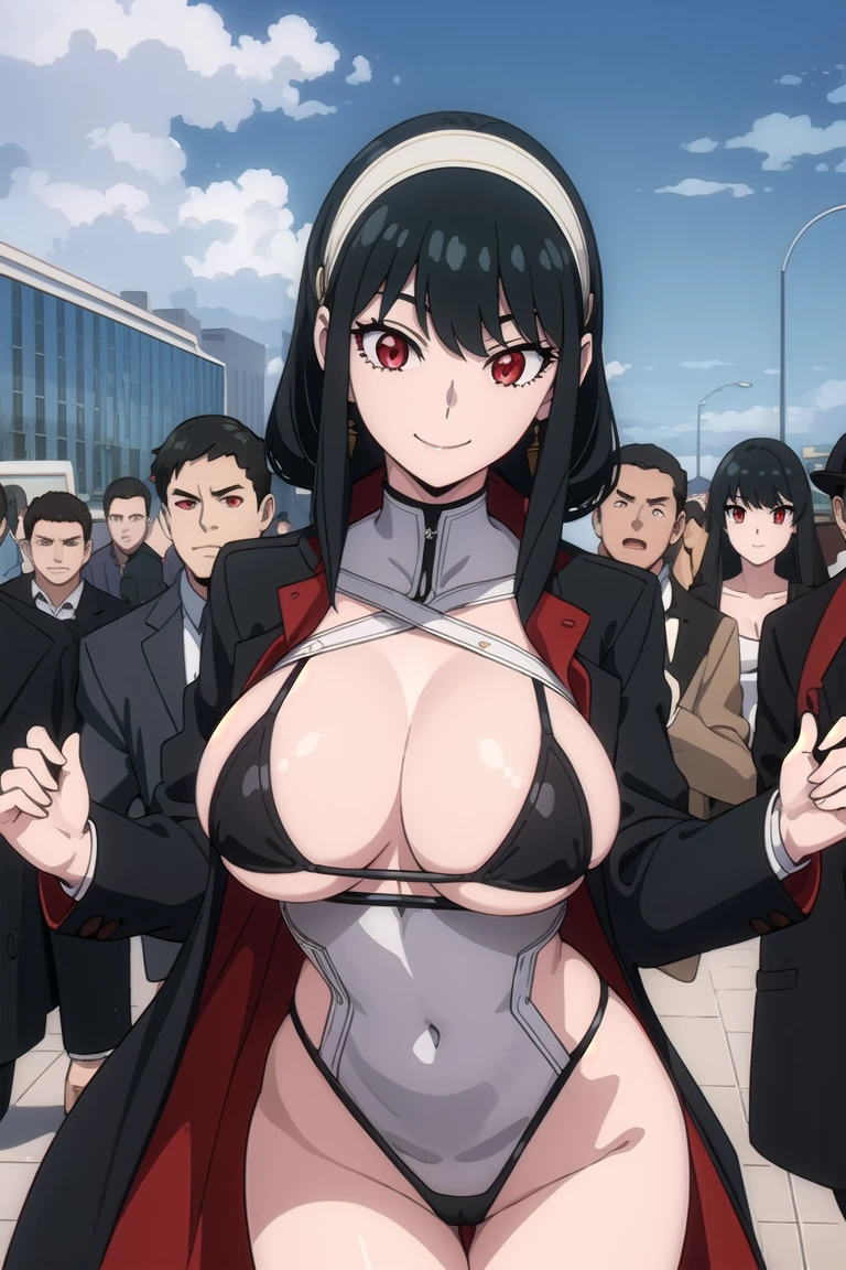 yorbriar, yor briar, black hair, (red eyes:1.5), earrings, white hairband, hairband, 
BREAK black bikini , big breasts, wide hips , milf body ,((( crowded public , everyone looking, flashing her body , flashing her coat , smile))) , emb
BREAK outdoors, city, sky, sun, clouds,
BREAK looking at viewer, (cowboy shot:1.5),
BREAK (masterpiece:1.2), best quality, high resolution, unity 8k wallpaper, (illustration:0.8), (beautiful detailed eyes:1.6), extremely detailed face, perfect lighting, extremely detailed CG, (perfect hands, perfect anatomy),