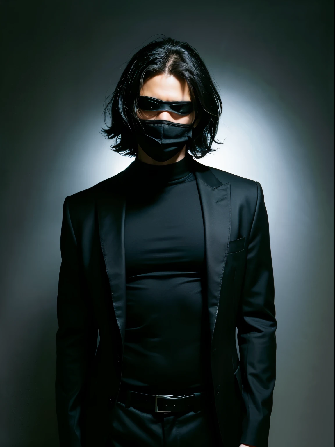 black T-shirt, front open suit jacket, black background, facing forward, waist up, midnight, black man, grunge hair, blindfold