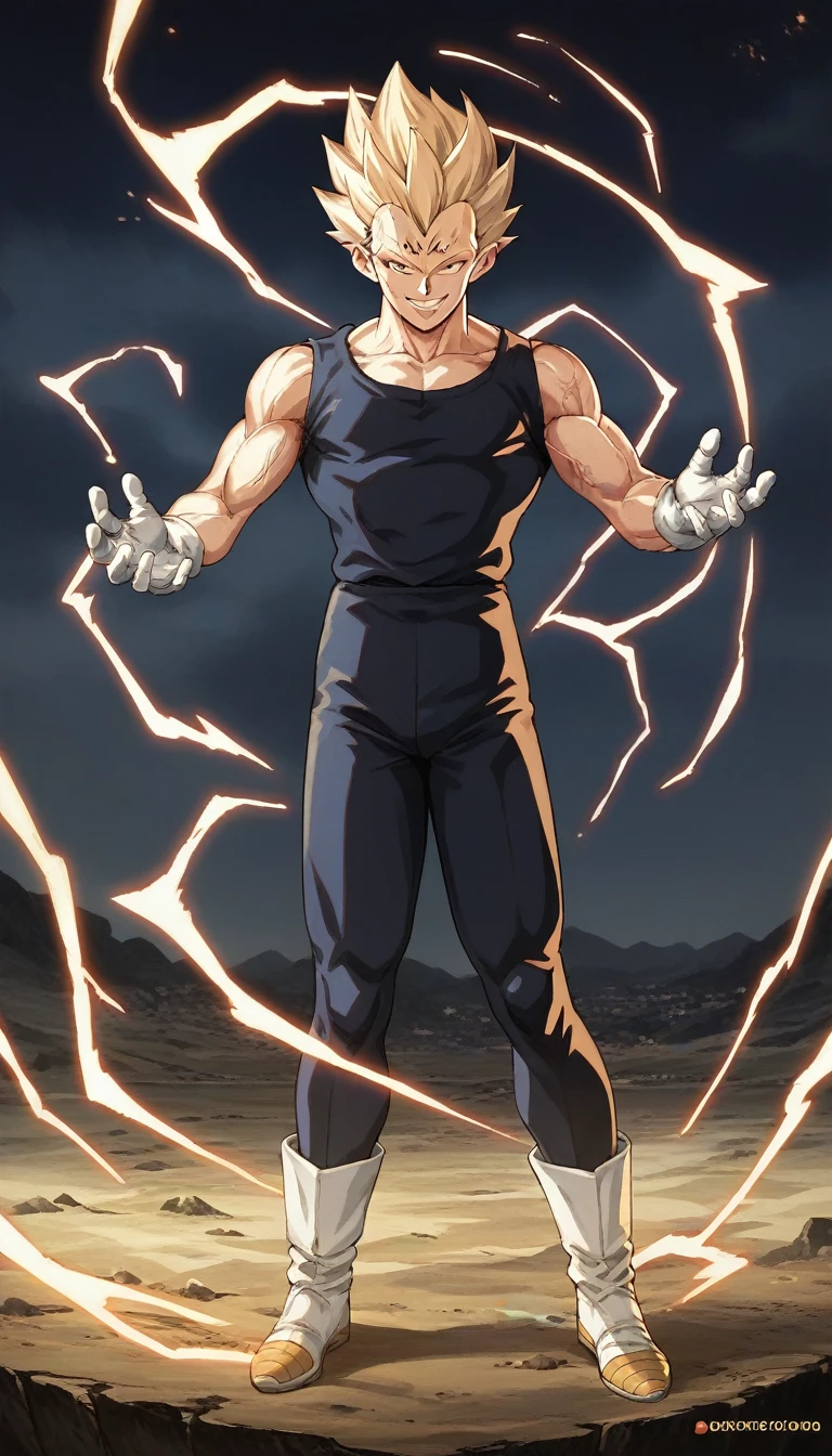 score_9, source_anime, score_8_up, score_7_up, detailed background, 1boy, solo, full body, perfect face, perfect anatomy, sky, lightning, dynamic pose, dynamic composition, action scene, action pose, evil smile, golden aura