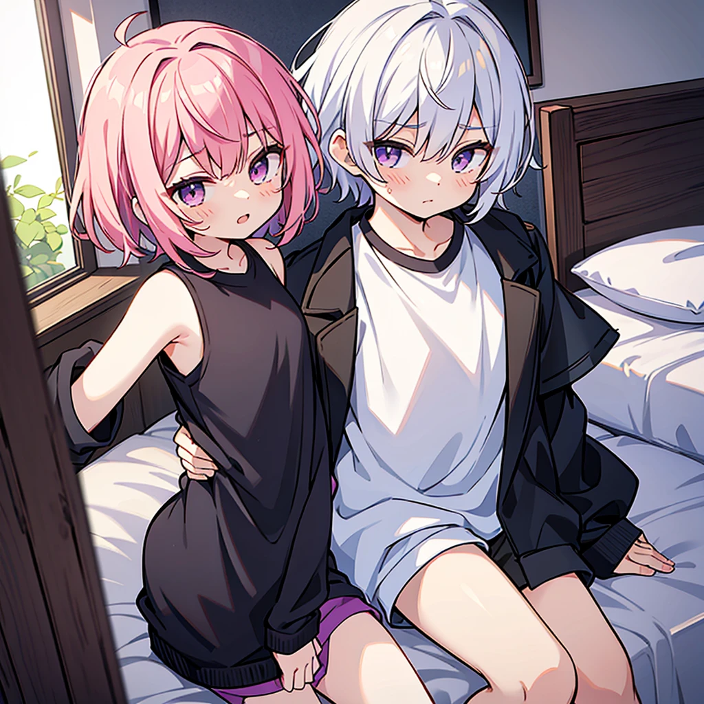 Saika have 14 years old,he is a boy, he has short striking pink hair that falls in soft waves around his face, complementing his vibrant purple eyes. His features are sharp and defined, with a youthful charm that is accentuated by his slender build. He often wears a stylish black jacket over a graphic t-shirt and jogging àd sometimes tight, completing his edgy and modern look, he is in his bedroom. He blush a bit 