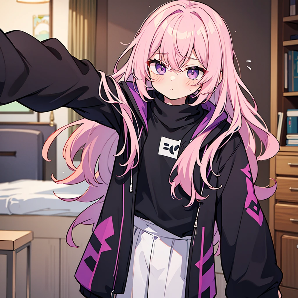 Saika have 14 years old,he is a boy, he has short striking pink hair that falls in soft waves around his face, complementing his vibrant purple eyes. His features are sharp and defined, with a youthful charm that is accentuated by his slender build. He often wears a stylish black jacket over a graphic t-shirt and jogging àd sometimes tight, completing his edgy and modern look, he is in his bedroom. He blush a bit
