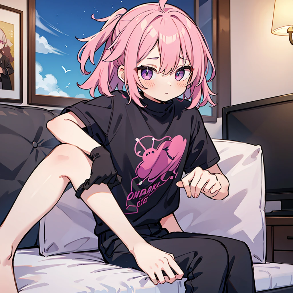 Saika have 14 years old,he is a boy, he has short striking pink hair that falls in soft waves around his face, complementing his vibrant purple eyes. His features are sharp and defined, with a youthful charm that is accentuated by his slender build. He often wears a stylish black jacket over a graphic t-shirt and jogging àd sometimes tight, completing his edgy and modern look, he is in his bedroom. He blush a bit