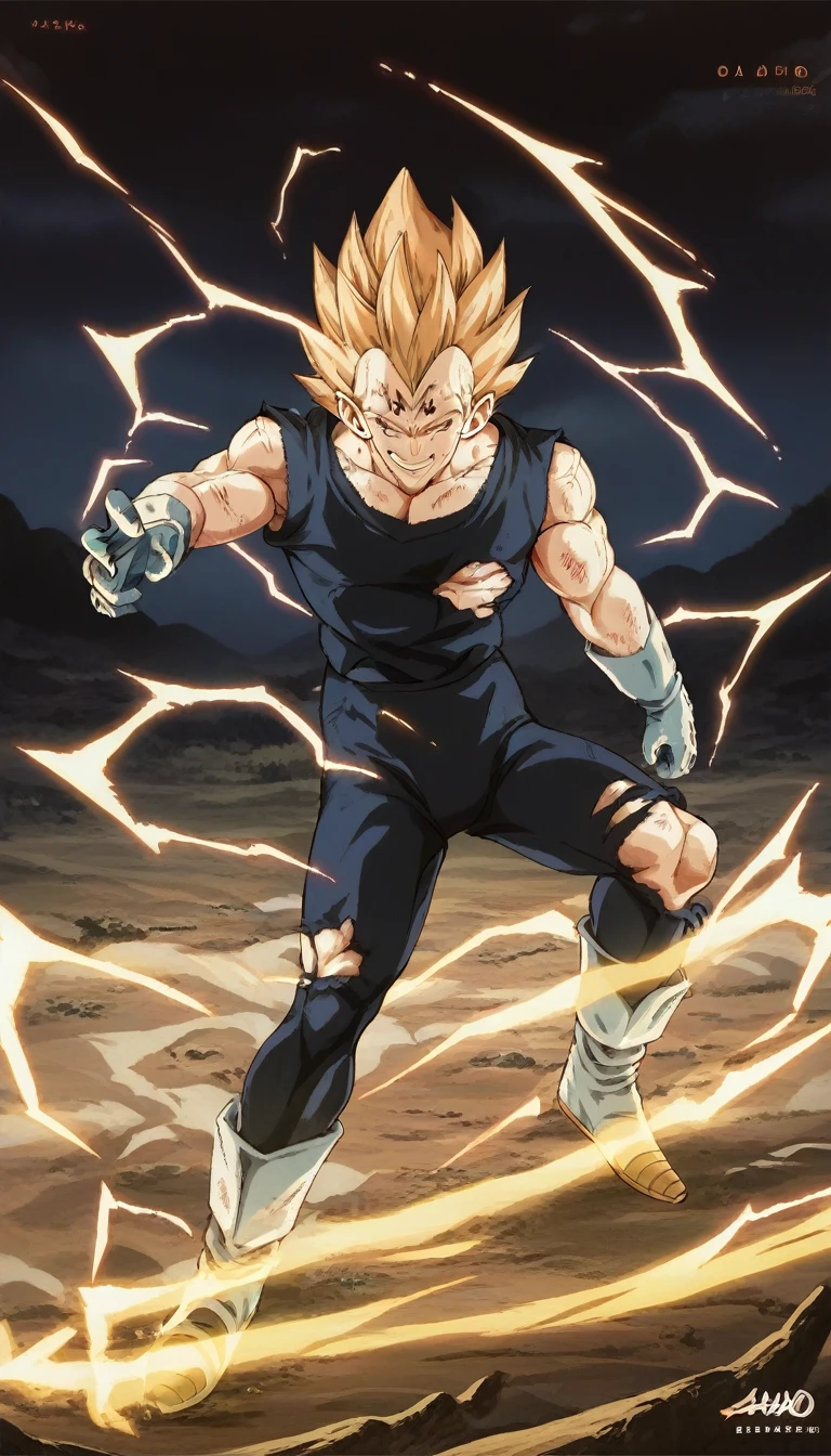 score_9, source_anime, score_8_up, score_7_up, detailed background, 1boy, solo, full body, perfect face, perfect anatomy, sky, lightning, dynamic pose, dynamic composition, action scene, action pose, evil smile, golden aura