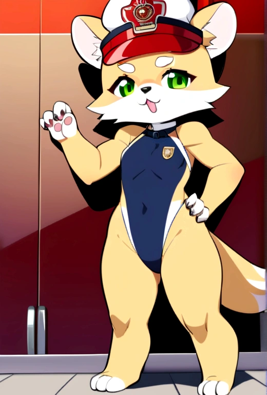 Small slim beautiful furry cub puppy with nice big thighs and wearing a swimsuit and as a firefighter.
