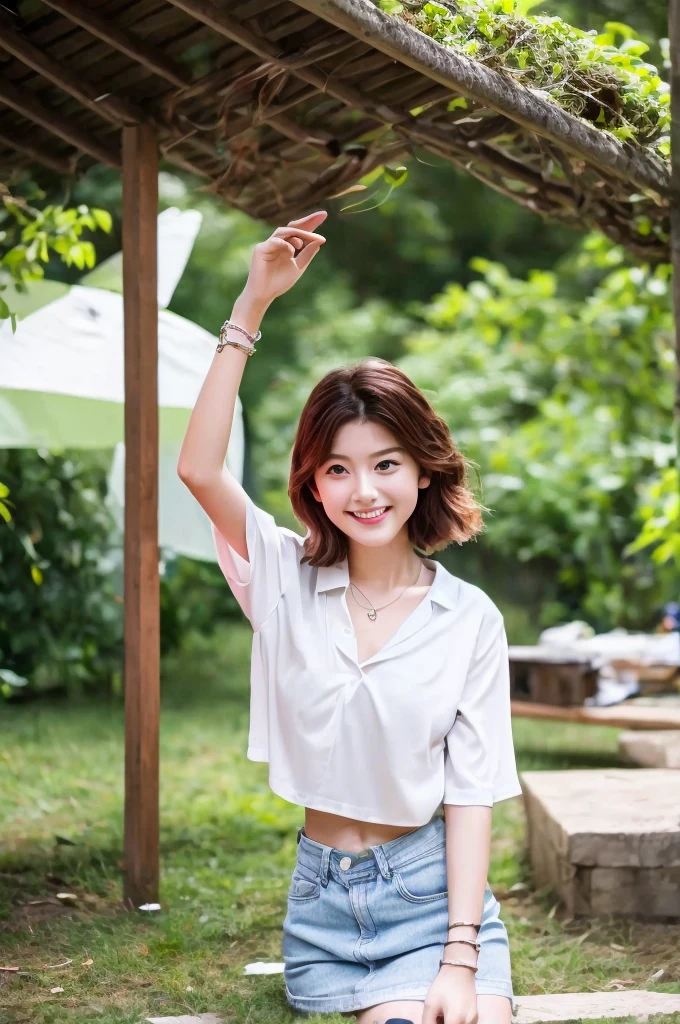 Under the eaves of a building, college freshman, ((full body)), ((photo)), ((best qualtiy, 8K, tmasterpiece:1.3)), Focus:1.2, perfect figure beautiful girl:1.4, 1girl, cowboy shot, look at viewer, eyes facing the camera, incredibly absurd, beautiful and cute girl with a photorealistic face, showcasing top-quality craftsmanship, Japanese girl taking shelter from the rain under the eaves, , short hair, wavy and shiny hair, crimson hair, big eyes, long eyelashes, smiling face, white teeth, round face, small nose, smooth skin, fair skin, slim, 155cm tall, thin limbs, red lips, pink cheeks, lively expression, , delicate, well-balanced proportions, slim, 155cm tall, thin limbs, small A-cup breasts, white blouse, denim miniskirt, loafers, silver necklace, bracelet, beautiful girl, younger sister attribute, active, sociable, cheerful, optimistic, brave, curious, September