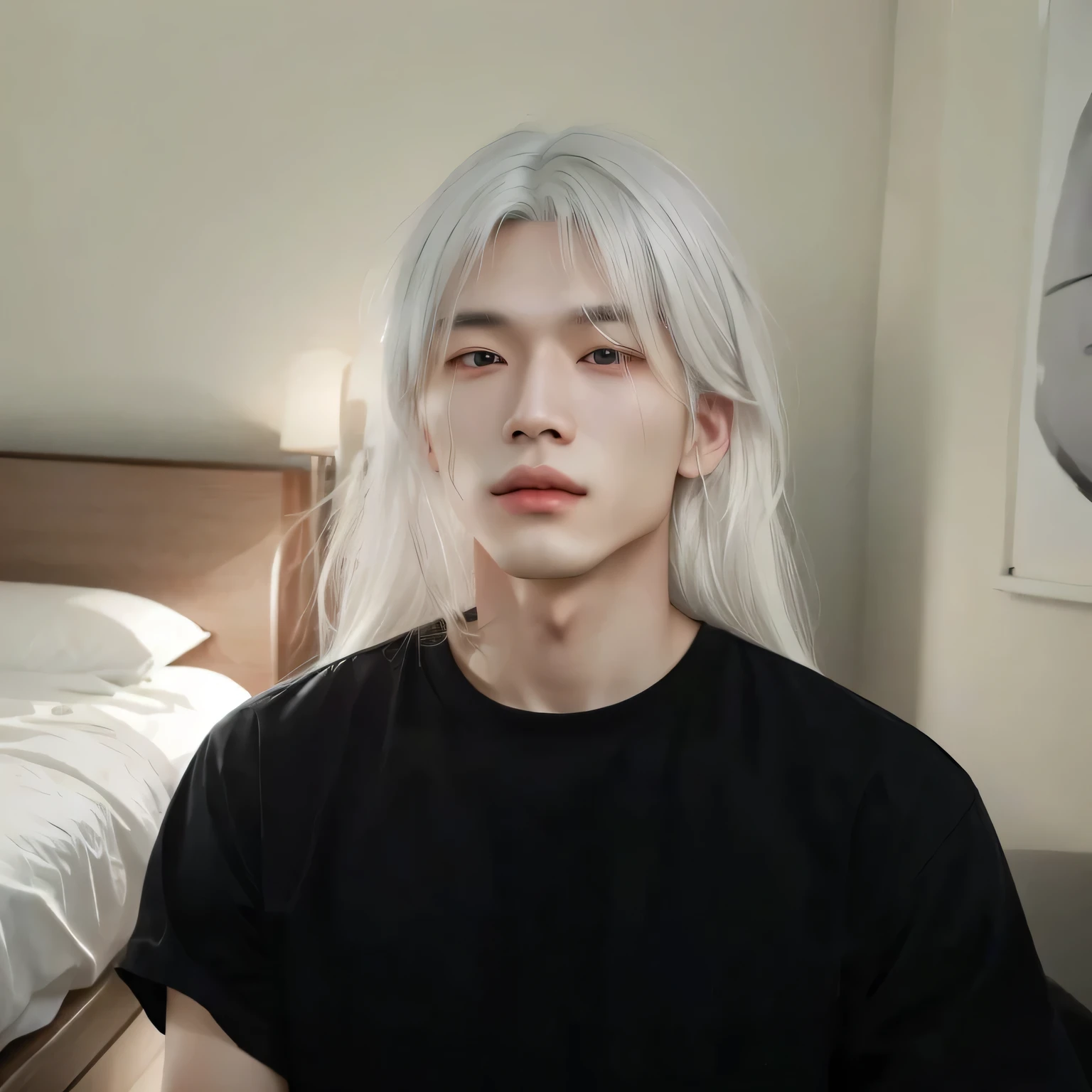 there is a man with White hair and a black shirt, inspired by jeonseok lee, he has dark gray hair, Ulzzang spacious, whitebangscabelo preto, cabelo com whitebangs, with white long hair, whitebangs, White Cloud Hair, White haired, cloud-like White hair, with long White hair, White hair, inspired by Yanjun Cheng