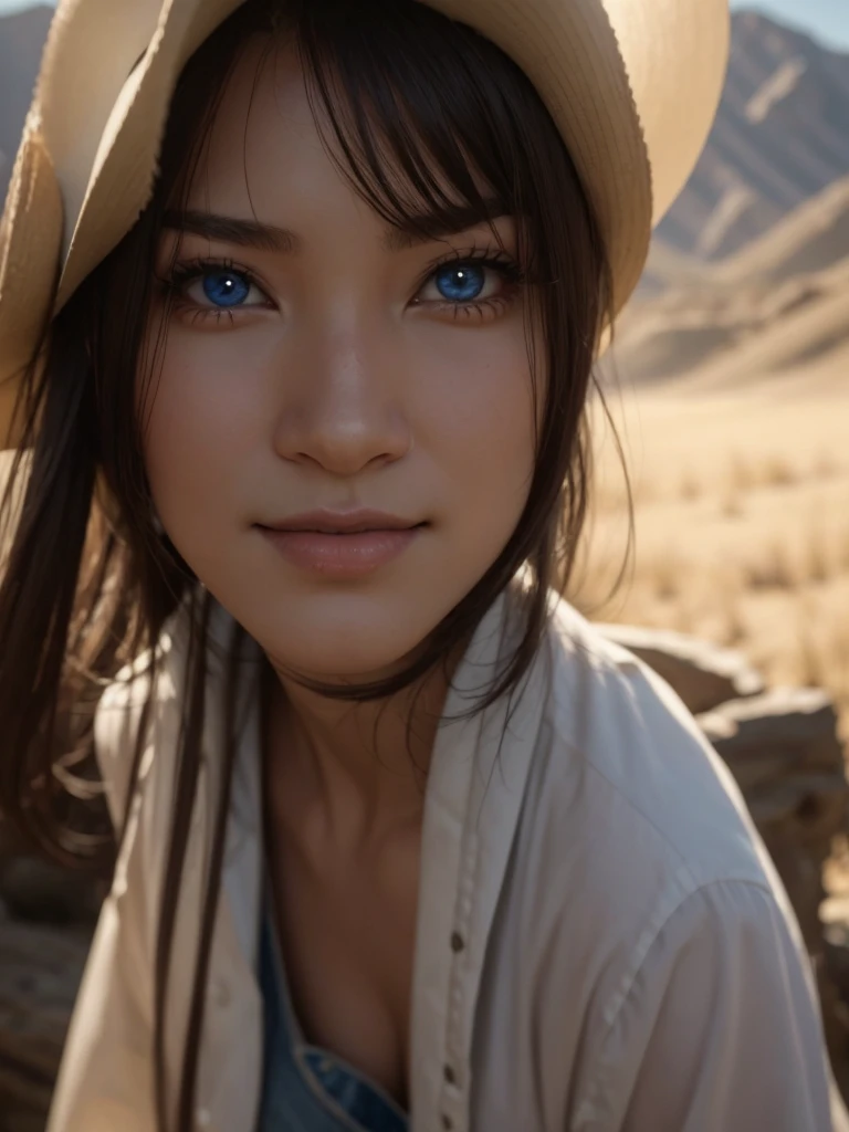 (Beauty feceemale Cowgirl:1)portraitures:1.5)Wind-swept wilderness landscape(((masterpiece)))、((top-quality))、A MILF、blue eyess、Western shorts、8K、The ultra-detailliert、realisitic、landscapes、concept-art、exceptionally detailed RAW color photo、Side angle、(lensflare:0.7)、particle effect、Ray latching、Cinema Trick Writing、Shallow depth of field、Shot with Sony Alpha 1、50mm wide angle lenoconitide、Cinematic Film Still、 dynamicposes、、(realisitic:1.3)、a blond、Woman Western、Gun belt.large full breasts、gazing at viewer、超A high resolution、a smile、Brown Western Hat,Fluffy breasts, naked, nude, naked, stick out her ass