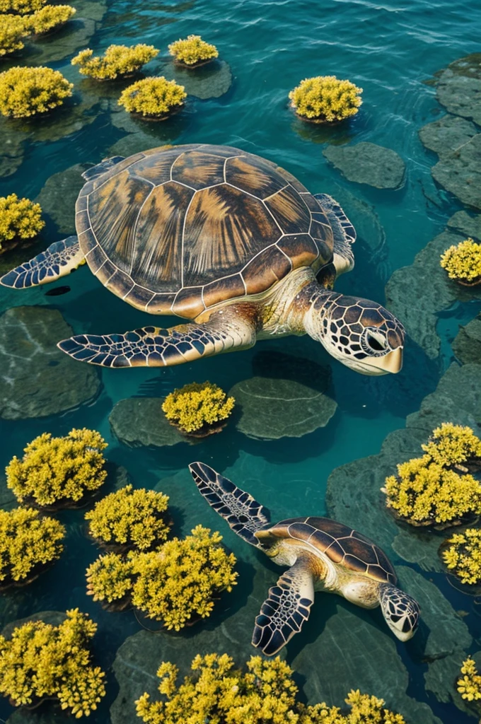 Sea turtle swimming with a flower in its shell towards an island full of flowers