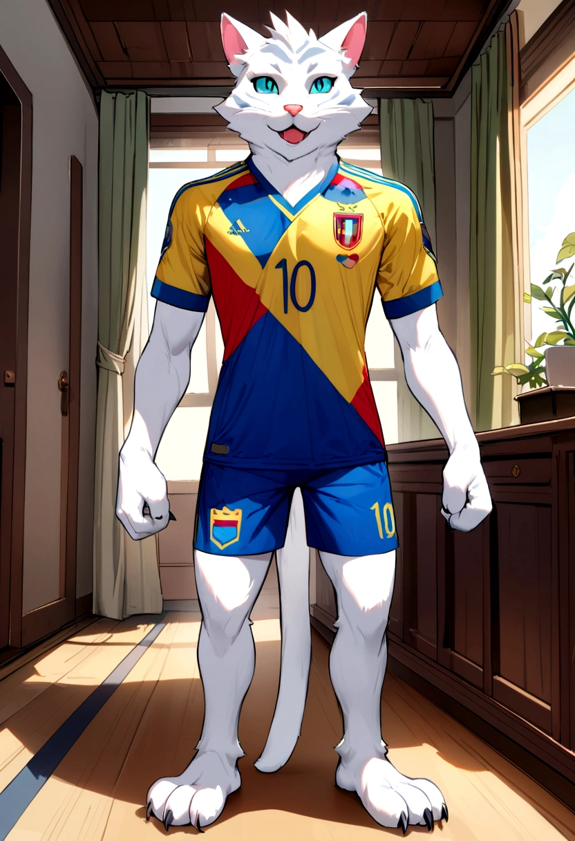 A furry cat standing in a room wearing an ECUADOR soccer jersey 