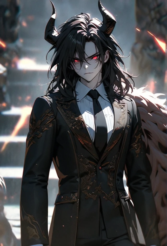 (solo), Demon lord, masculine, black hair, messy hair, mane hair, medium hair, A man bun with long hair, dense hair, wild hair, expressive hair, mature,(25 year old), pale skin, red eyes, ((man)), wearing a black Suit, black tie, black demon horns,, serious, handsome, attractive, eye reflection, depth of field, thunder aura,cinematic lighting, ray tracing, depth of field, cinematic lighting, ray tracing, UHD, high details, best quality, highres, high quality, award winning, super detail, masterpiece, 8k, UHD, high details, best quality, highres, high quality, award winning, super detail, masterpiece, 8k, digital art, anime coloring, full body, body shot, good face, perfect face, detailed face, good eyes, sitting on a throne