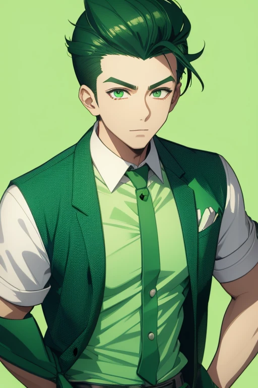 Handsome Japanese boy, green hair, Pompadour hairstyle, slim build, green eyes, short sleeve vest, neo green shirt with slime print, green jeans, neon green background