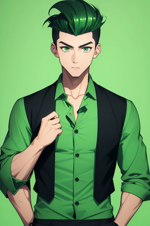 Handsome Japanese boy, green hair, Pompadour hairstyle, slim build, green eyes, short sleeve vest, neo green shirt with slime print, green jeans, neon green background