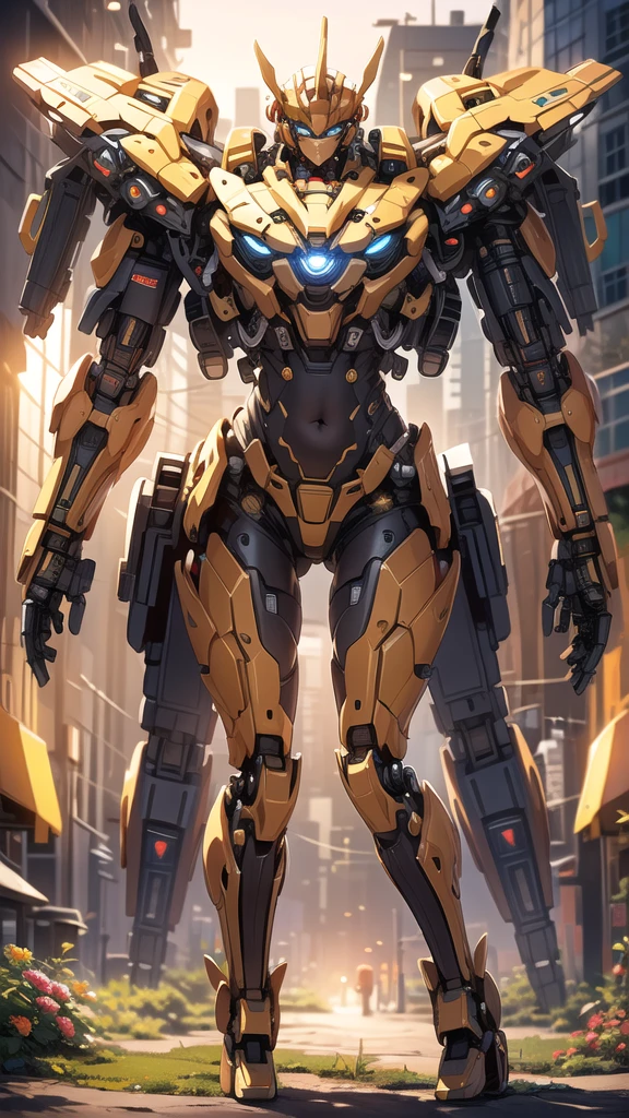 ((Masterpiece, Best Quality)), illustration, ultra-detailed 8K, realistic, clear focus, highly detailed, professional lighting, colorful details, rainbow colors BREAK factory super long shot, (1 large mechanical robot), microchip, computer, luminescence, intricate details, shitu-mecha, 1girl downscale standing in front of the viewer, navel