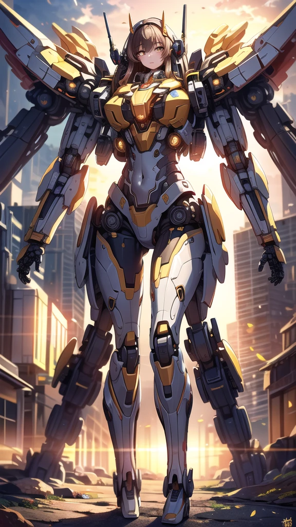 ((Masterpiece, Best Quality)), illustration, ultra-detailed 8K, realistic, clear focus, highly detailed, professional lighting, colorful details, rainbow colors BREAK factory super long shot, (1 large mechanical robot), microchip, computer, luminescence, intricate details, shitu-mecha, 1girl downscale standing in front of the viewer, navel