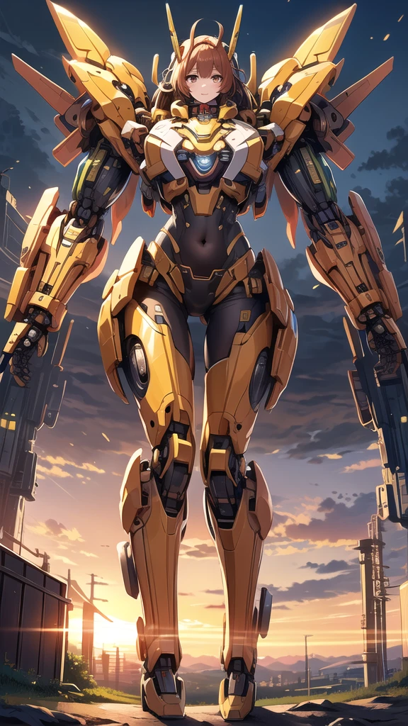 ((Masterpiece, Best Quality)), illustration, ultra-detailed 8K, realistic, clear focus, highly detailed, professional lighting, colorful details, rainbow colors BREAK factory super long shot, (1 large mechanical robot), microchip, computer, luminescence, intricate details, shitu-mecha, 1girl downscale standing in front of the viewer, navel
