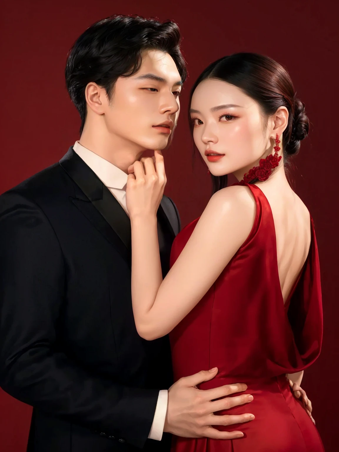 arafed image of a man and woman in a red dress, roberto ferri and ruan jia, photoshoot, ruan jia and fenghua zhong, yanjun chengt, ruan jia and brom, ao dai, lovely couple, sha xi, wearing red formal attire, couple pose, with ivy, 💣 💥, by Ni Tian, wu liu
