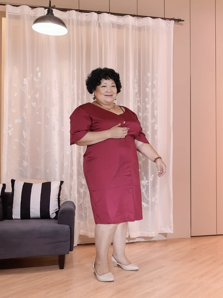 There is an older woman with short wavy hair., with a red loose dress