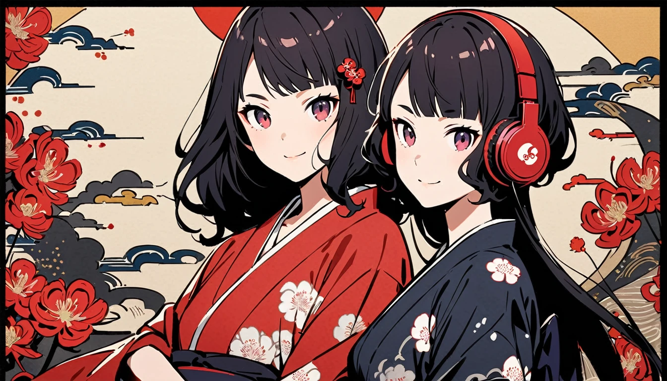 Highest quality, Katsushika Hokusai, Ink Painting, (((straight longhair))), (((1 girl))), (((A short light red yukata))), (((smile))), Japanese style headphones, Red spider lily, beautiful girl, Black Hair, Delicate and precise, Modern ukiyo-e style, Red Eyes, hairpin, wink