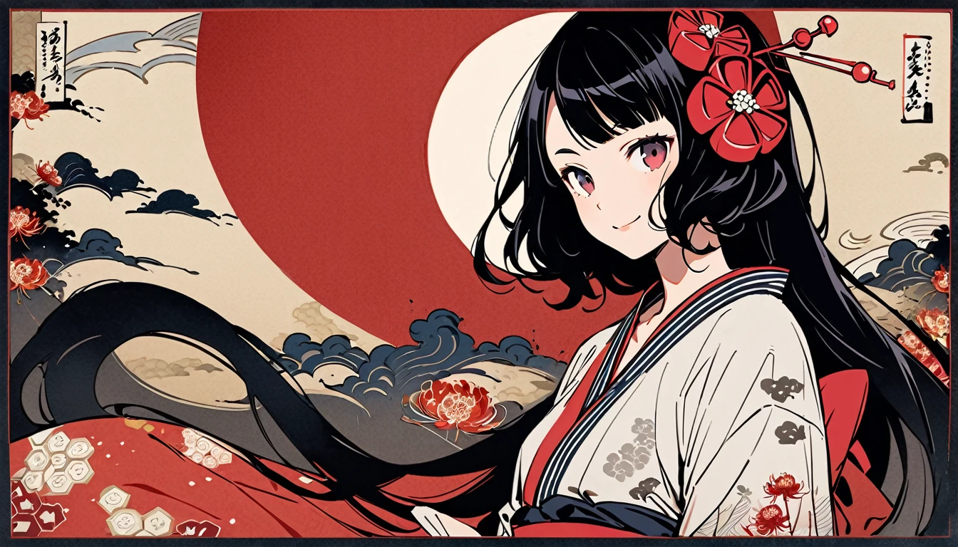 Highest quality, Katsushika Hokusai, Ink Painting, (((straight longhair))), (((1 girl))), (((A short light red yukata))), (((smile))), Japanese style headphones, Red spider lily, beautiful girl, Black Hair, Delicate and precise, Modern ukiyo-e style, Red Eyes, hairpin, wink