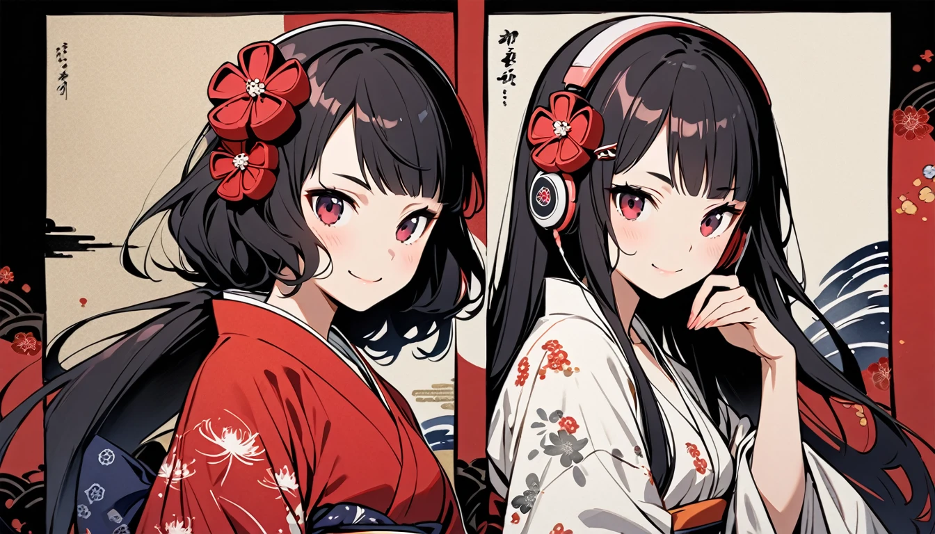 Highest quality, Katsushika Hokusai, Ink Painting, (((straight longhair))), (((1 girl))), (((A short light red yukata))), (((smile))), Japanese style headphones, Red spider lily, beautiful girl, Black Hair, Delicate and precise, Modern ukiyo-e style, Red Eyes, hairpin, wink