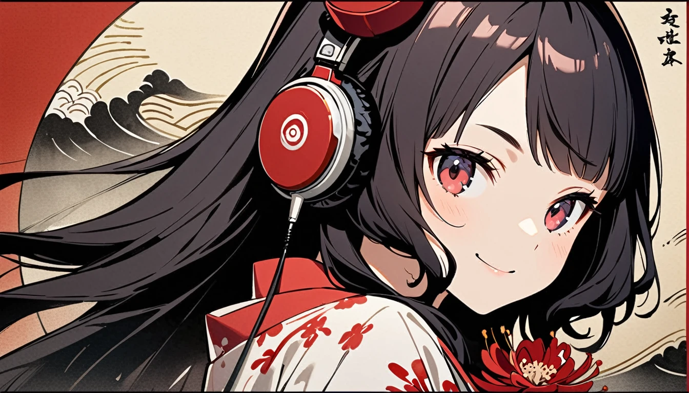 Highest quality, Katsushika Hokusai, Ink Painting, (((straight longhair))), (((1 girl))), (((A short light red yukata))), (((smile))), Japanese style headphones, Red spider lily, beautiful girl, Black Hair, Delicate and precise, Modern ukiyo-e style, Red Eyes, hairpin, wink