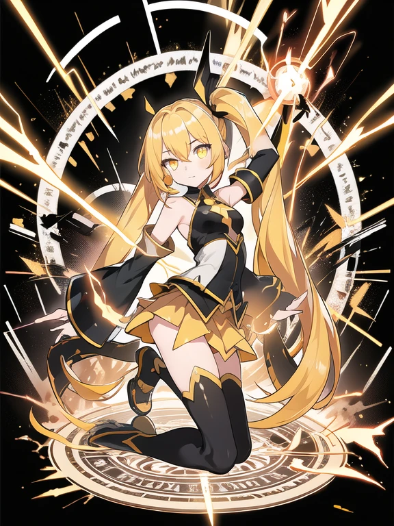 (masterpiece, best quality), 1girl, yellow hair, left side ponytail, , very long hair, yellow eyes,  sparks hair, glowing eyes, electricity sparks, thunder blade, yellow magic circle, yellow corset, black thighhighs, sidelighting, light particles, abstract,