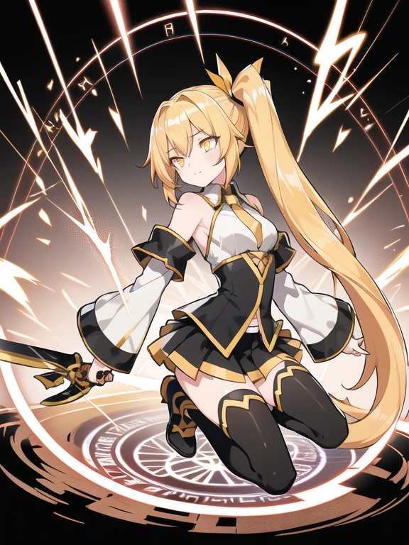 (masterpiece, best quality), 1girl, yellow hair, left side ponytail, , very long hair, yellow eyes,  sparks hair, glowing eyes, electricity sparks, thunder blade, yellow magic circle, yellow corset, black thighhighs, sidelighting, light particles, abstract,