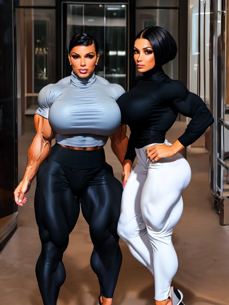 33 yo arabic perfect woman on steroids, large silicon lips, huge full lips with oversized fillers, huge bulging muscular body, massive quads & traps, massive female bodybuilder with hypermuscular bulging body, veiny vascular, short straight black bob haircut, hypermuscular steel-hard body, wearing trousers and tight white turtleneck sweater