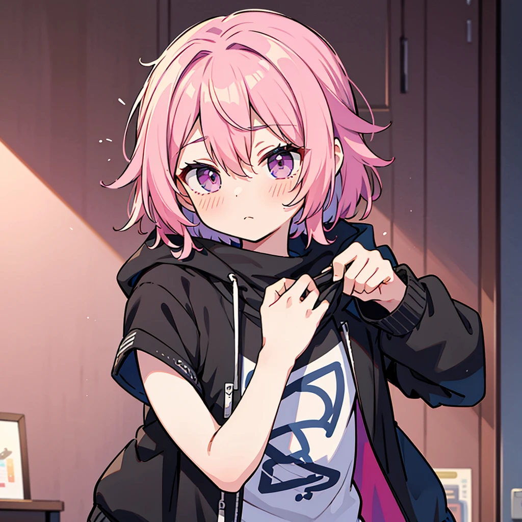 Saika have 14 years old,he is a boy, he has short striking pink hair that falls in soft waves around his face, complementing his vibrant purple eyes. His features are sharp and defined, with a youthful charm that is accentuated by his slender build. He often wears a stylish black jacket over a graphic t-shirt and jogging àd sometimes tight, completing his edgy and modern look, he is in his bedroom. He blush a bit