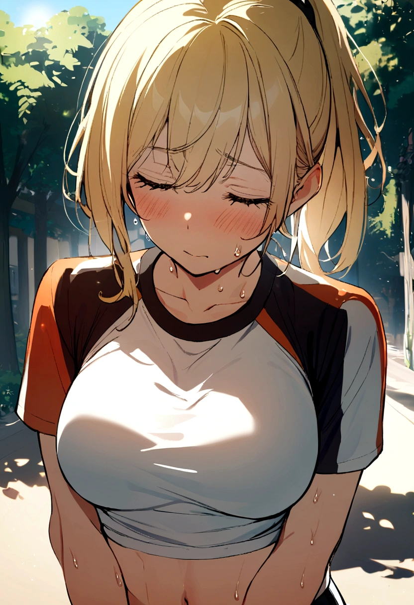 1girl, outside, sunny day, sporty clothes, tired, sweating