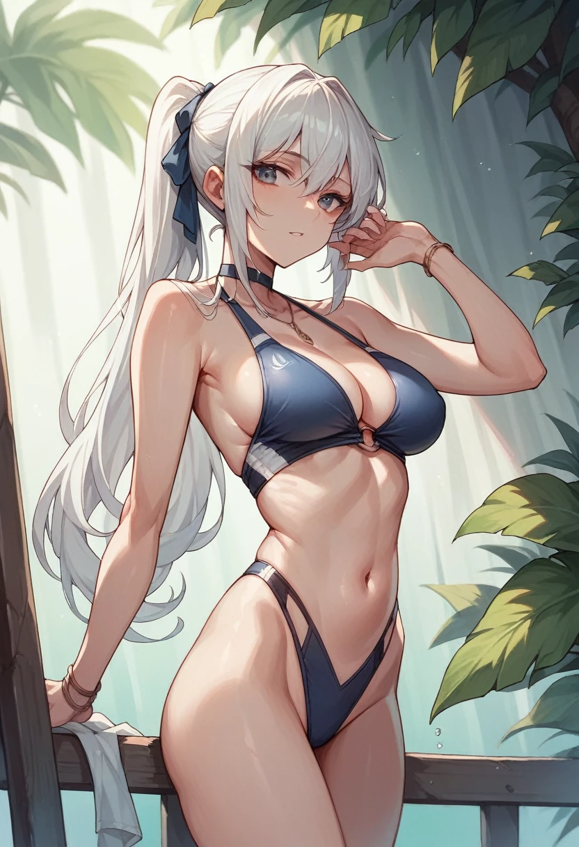 realistically, 1 girl, swimsuit, White hair, slim, big breasts