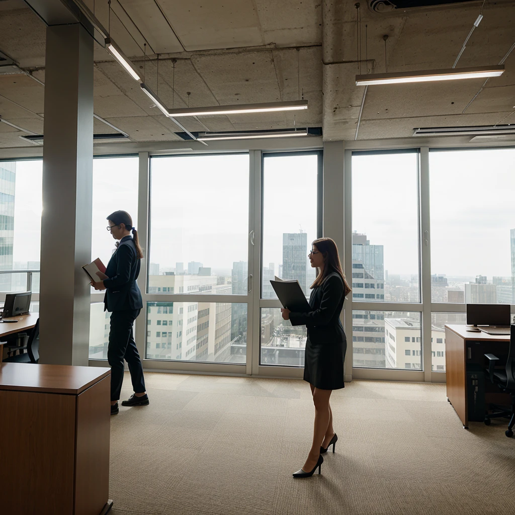 An office division, large windows in the background, people carrying papers in their hands, many tables 