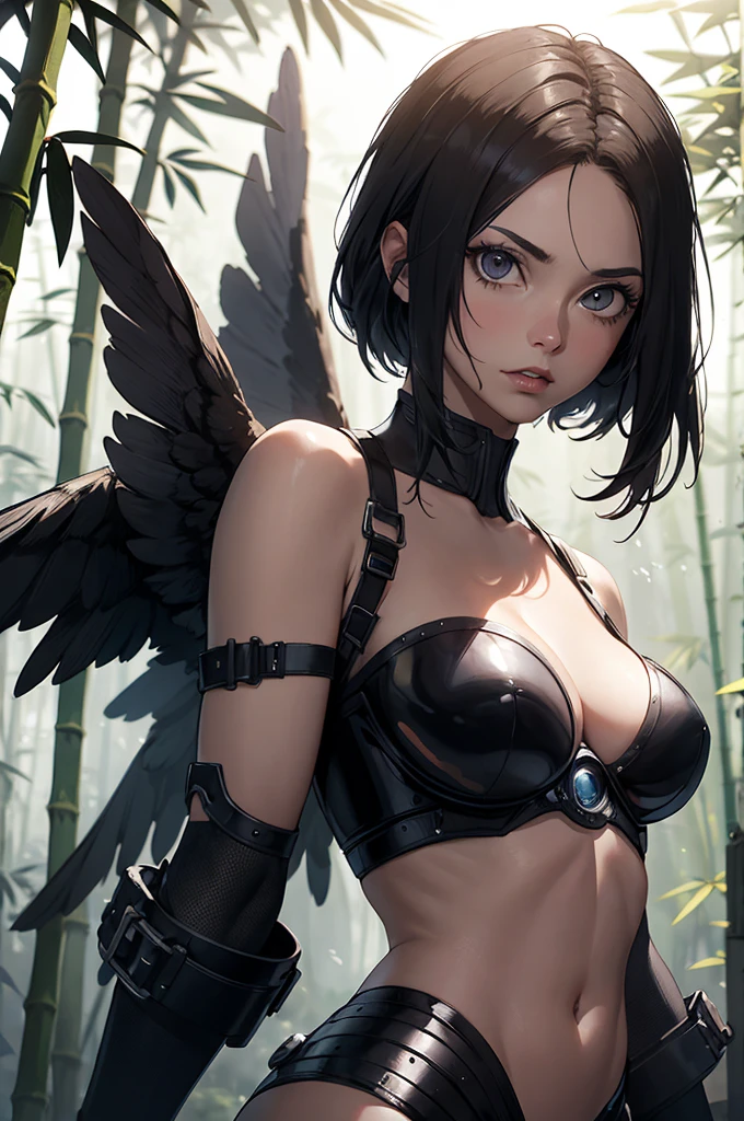 Battle Angel Alita, big black wings, in a Bamboo forest, mystical background, dreamlike atmosphere, enchanting aura, realistic rendering, elegant posture, cyberpunk