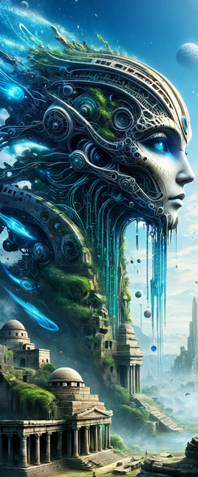 Cybernetic organisms merge with ancient ruins, bridging the gap between past and future civilizations.
