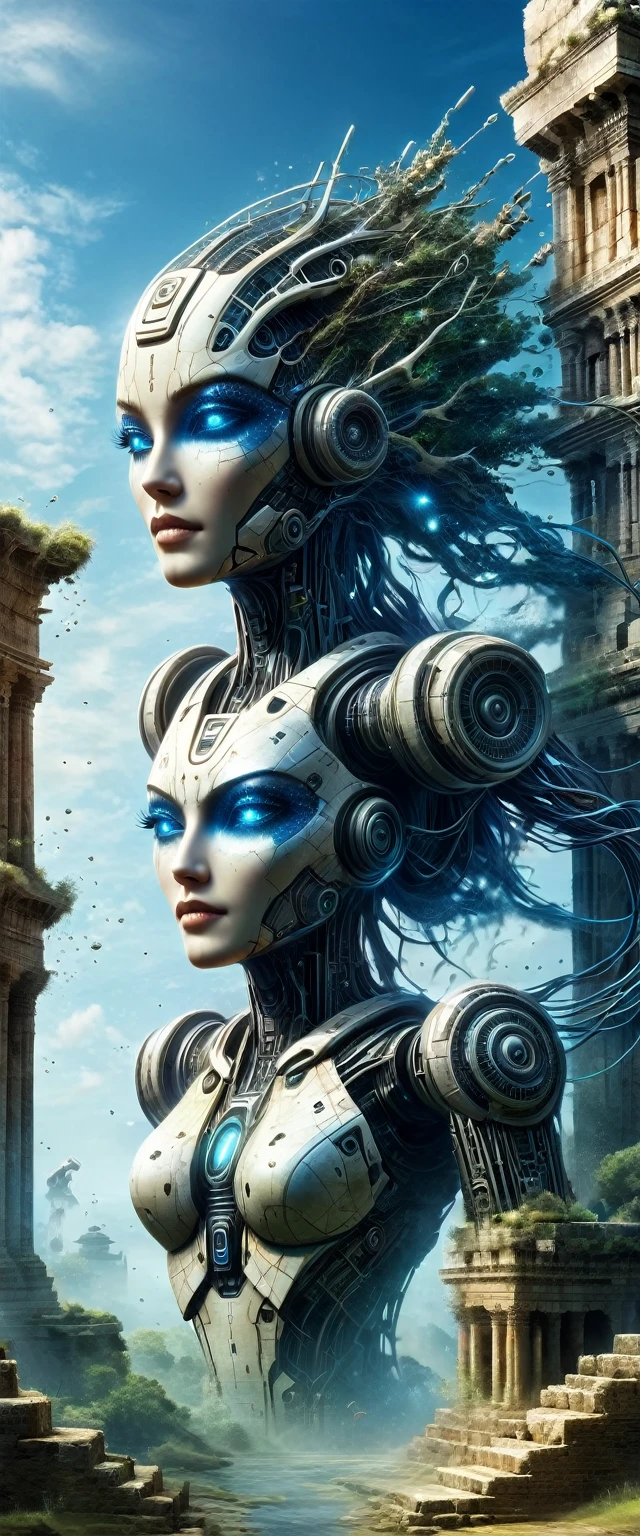 Cybernetic organisms merge with ancient ruins, bridging the gap between past and future civilizations.